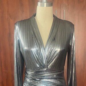 Elegant Silver Ruched Dress with Front Slit